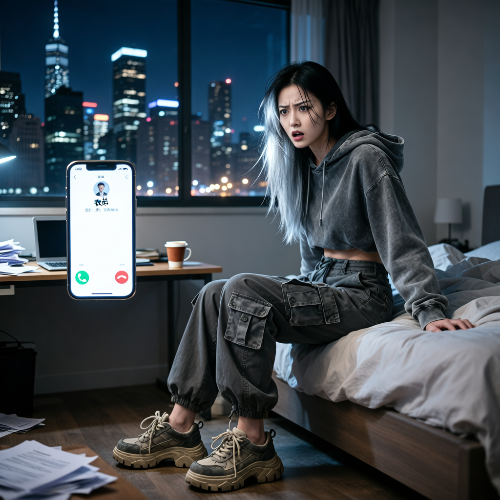 夜晚的城市，灯光逐渐熄灭。小莉在床上惊醒，手机屏幕显示已去世表弟的电话。