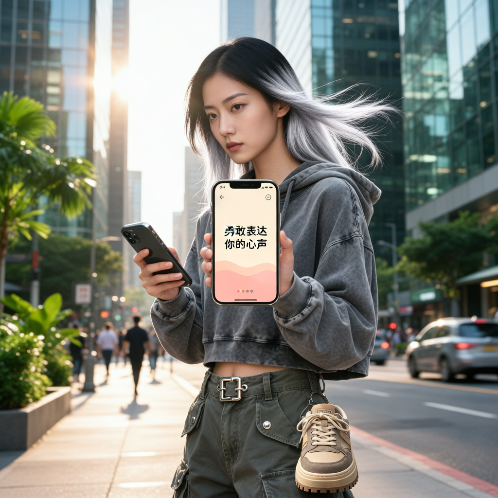 小莉在手机上下载并打开app，温馨的界面出现，文字鼓励她表达心声。