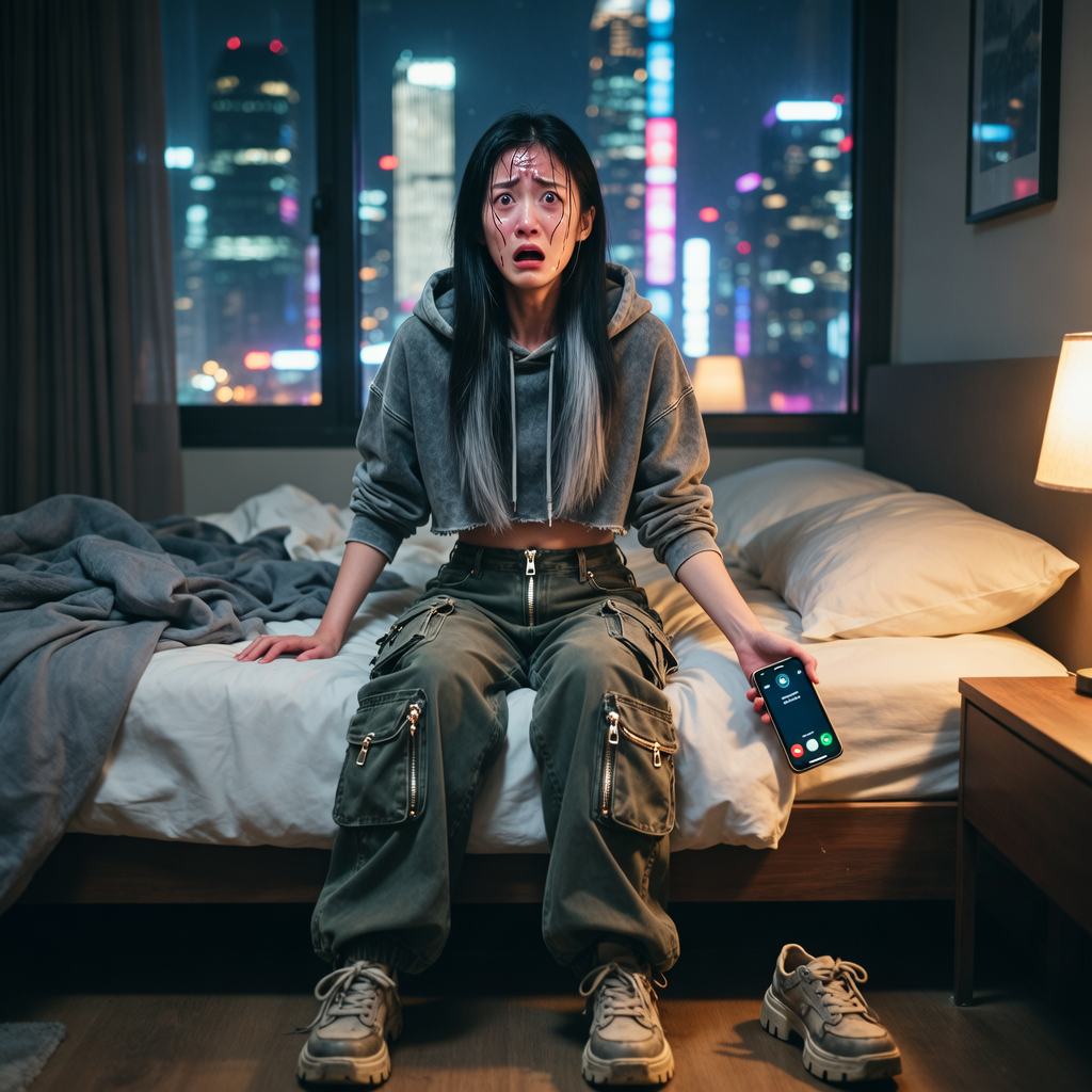 小莉坐在床上，表情惊恐，手中的电话掉落，她显得更加无助和沉重。