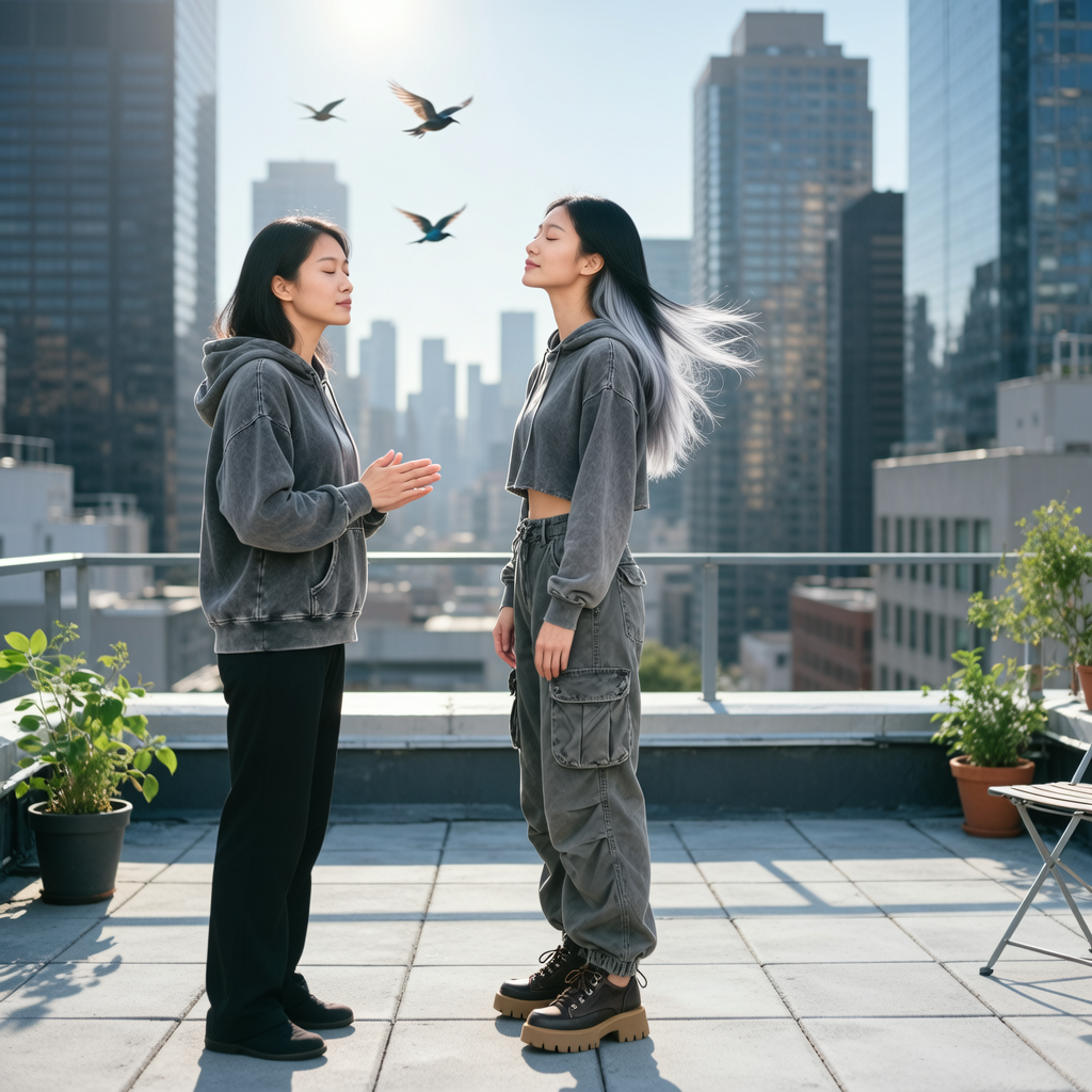 心语教小莉一些放松技巧，如深呼吸和冥想，小莉跟随心语的指导进行练习。