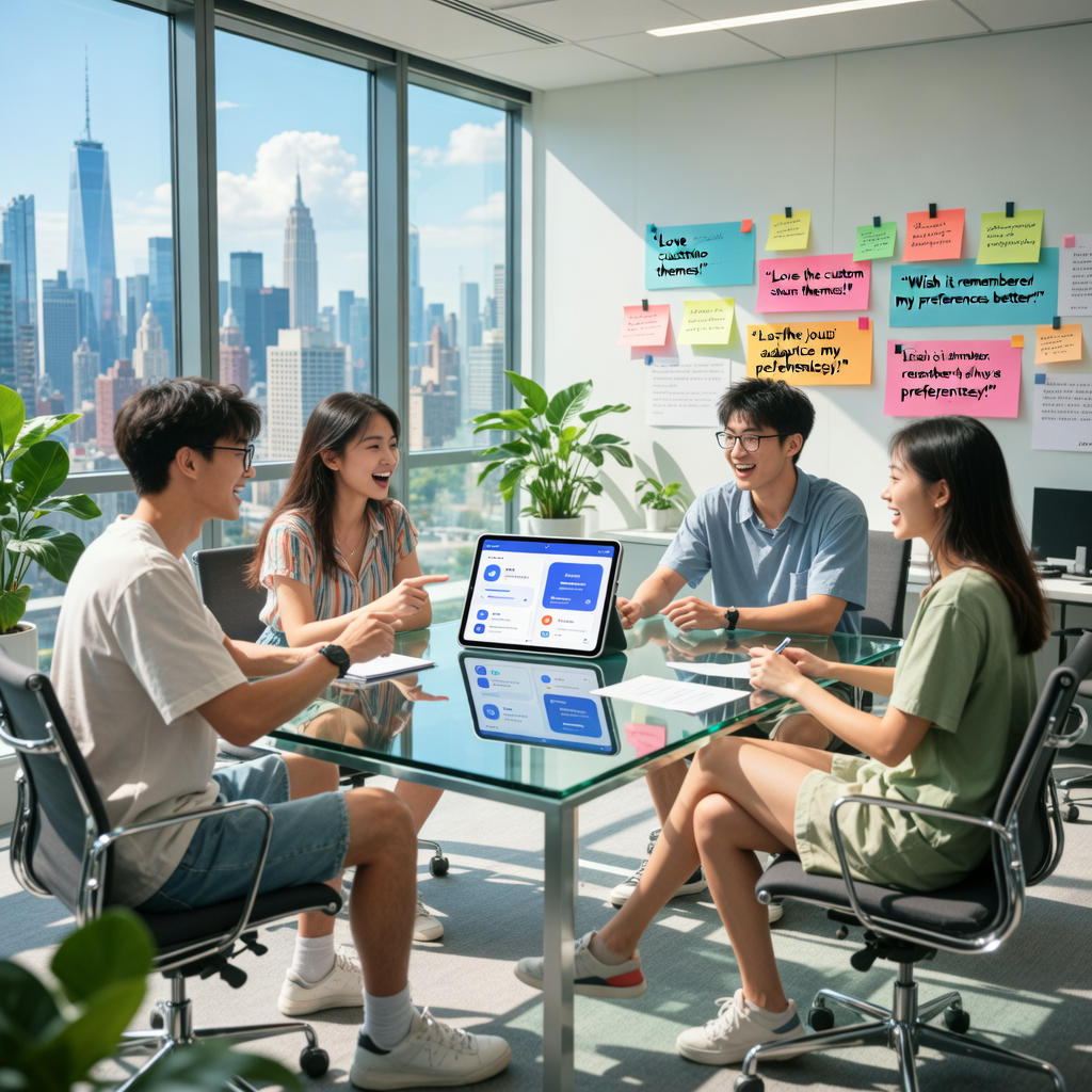 时维科技办公室内，团队成员讨论app的功能和用户反馈，展示app的个性化支持。